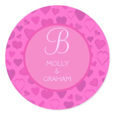 Pink Lilac Hearts Design Wedding Monogram Seal Round Sticker by Molly Sky