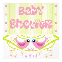 Pink lime cute birdies Baby Shower Invitation