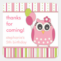 Pink & Lime Girly Owl Birthday Party Favor Sticker
