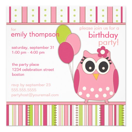 Pink & Lime Girly Owl Birthday Party Invitation