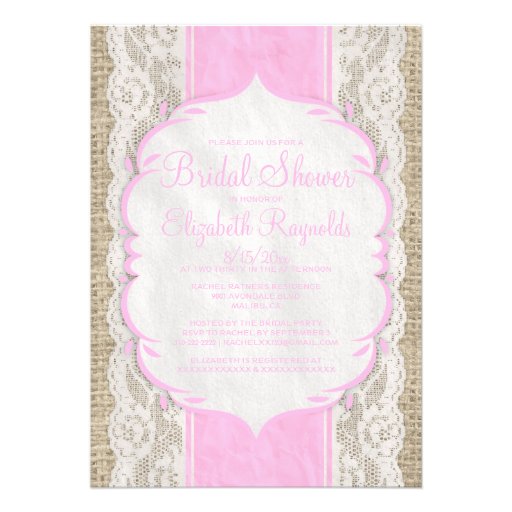 Pink Linen Burlap & Lace Bridal Shower Invitations
