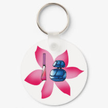 Pink lip gloss and a blue perfume keychains