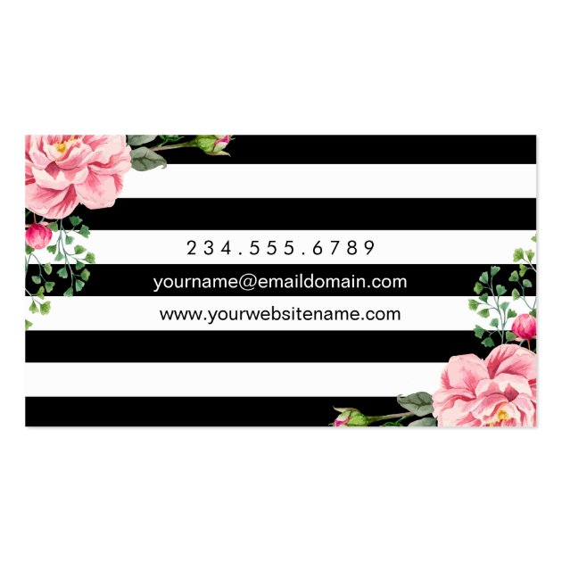 Pink Lips Floral Black White Stripes Makeup Artist Business Card (back side)