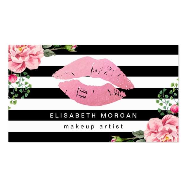 Pink Lips Floral Black White Stripes Makeup Artist Business Card (front side)