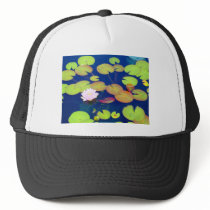 Pink Lotus Flower floating with lily pads on pond Mesh Hat