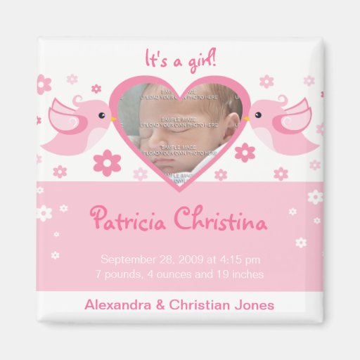 Pink Love Birds Photo Baby Birth Announcement Refrigerator Magnets