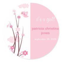 Pink Love Birds Spring Flowers Baby Announcement stickers