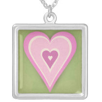 Pink love heart on green paper - necklace