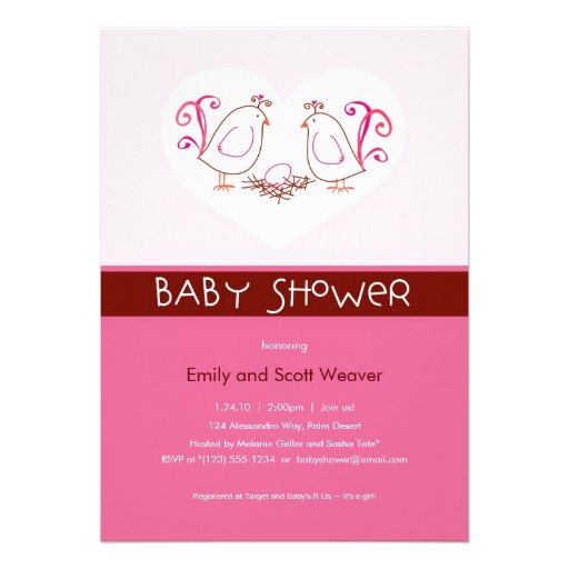 Pink Lovebirds and Nest Baby Shower Invitations
