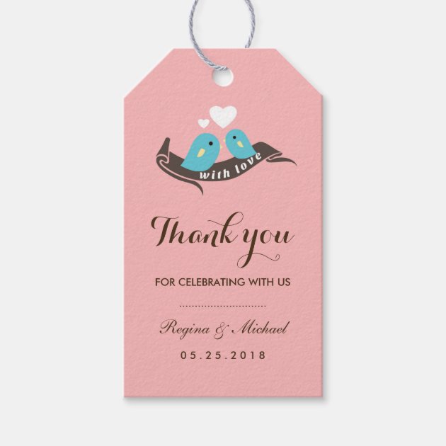 Pink Lovebirds with Small Heart Wedding Gift Tag Pack Of Gift Tags