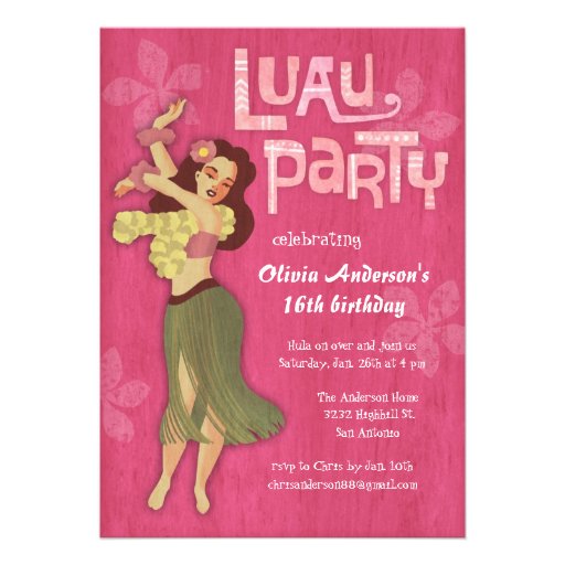 Pink Luau Birthday Party Invitations (front side)