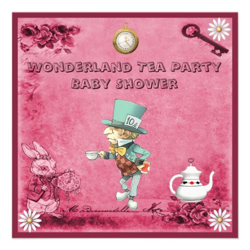 Pink Mad Hatter Wonderland Tea Party Baby Shower Personalized Invitation