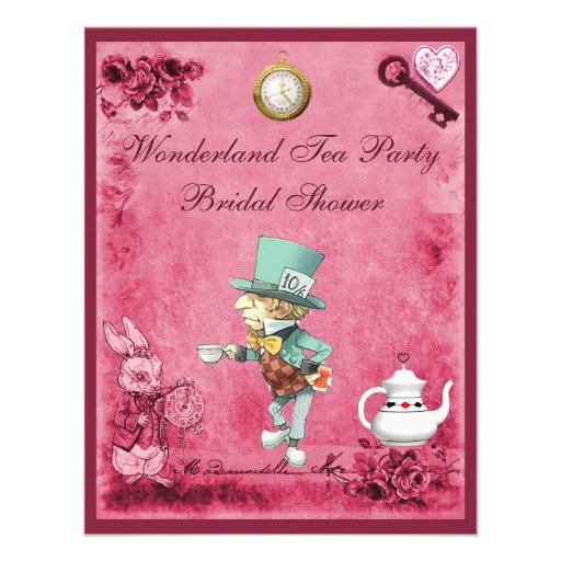 Pink Mad Hatter Wonderland Tea Party Bridal Shower Custom Announcement