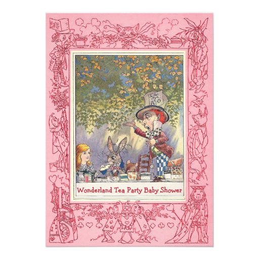 Pink Mad Hatter's Wonderland Tea Party Baby Shower Personalized Invite (front side)