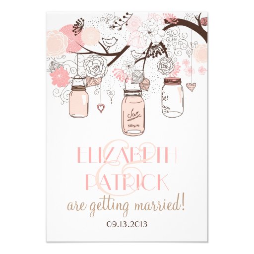 Pink Mason Jars and Love Birds Reception Card