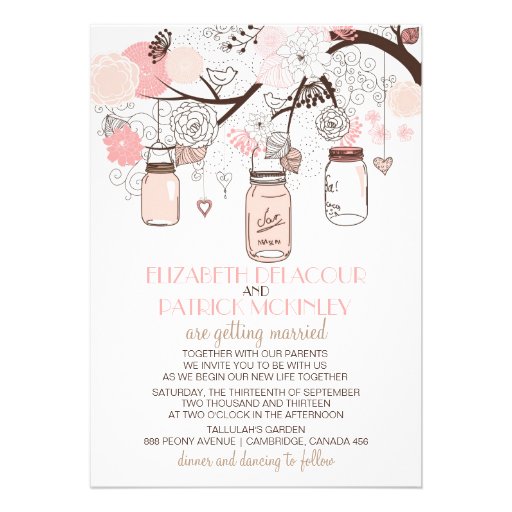 Pink Mason Jars and Love Birds Wedding Invitation