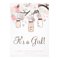 Pink Mason Jars & Lovebirds Baby Shower Invitation
