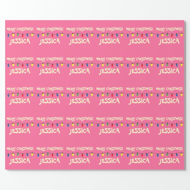 Pink Merry Christmas tree lights wrapping paper