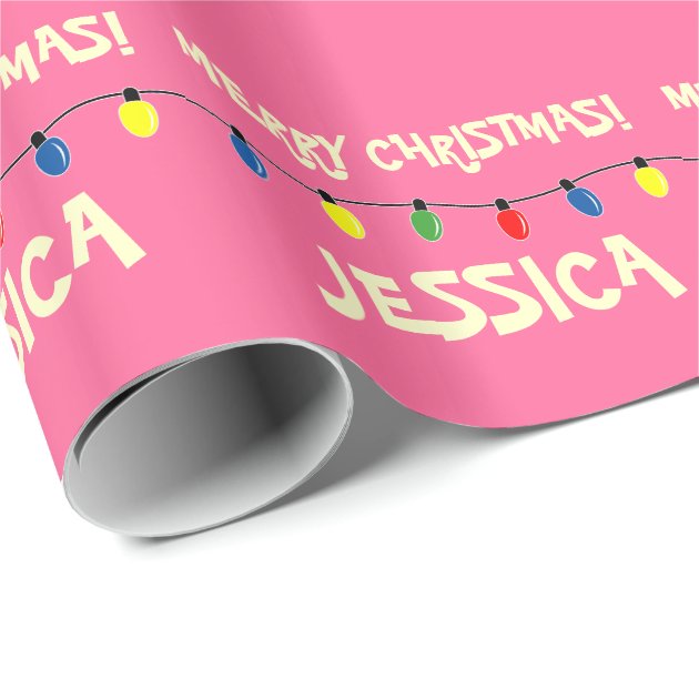 Pink Merry Christmas tree lights wrapping paper 3/4