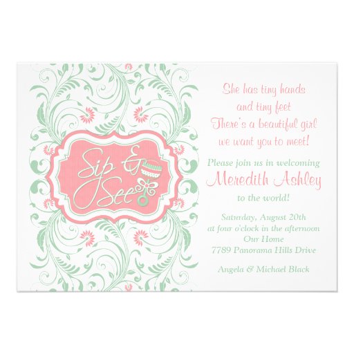 Pink Mint Green Floral Sip N See Baby Shower Card
