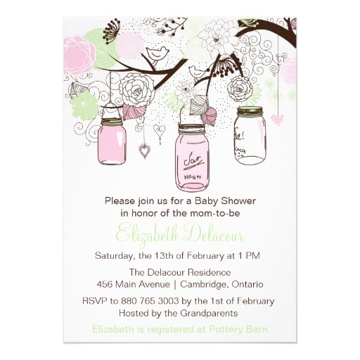 Pink Mint Green Mason Jars Baby Shower Invitation