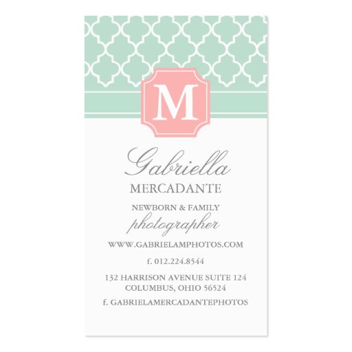 Pink Mint | Polka Dots Moroccan | Monogrammed Business Card Template (front side)