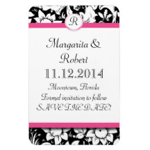pink monogram damask save the date magnets