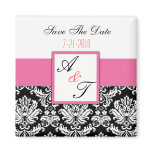 Pink Monogram Damask Wedding Magnet