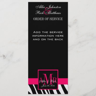 Pink Monograms Zebra Wedding Church Program Custom Invite by monogramgallery