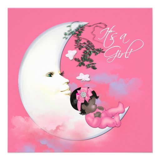 Pink Moon African American Baby Girl Shower Invites