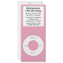 Pink MP3 Player iParty Birthday Party Personalized Invitations