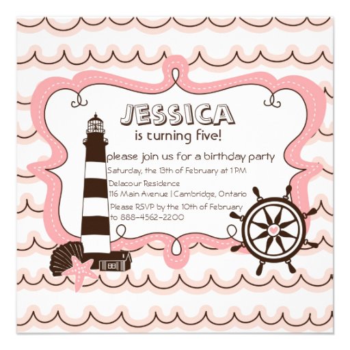 Pink Nautical Lighthouse Birthday Invitation