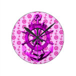 Pink Nautical Ships Wheel And Anchor Round Wall Clocks