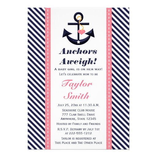 Pink Navy Anchor Nautical Baby Shower Invitations (front side)