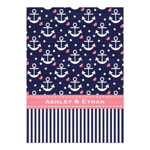Pink Navy Blue Anchor Nautical Wedding Invitations