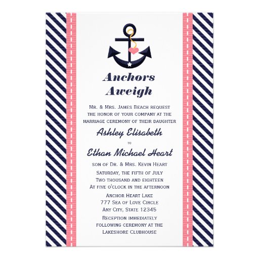 Pink Navy Blue Anchor Nautical Wedding Invitations