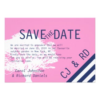 Pink Navy Blue Monograms Modern Save the Date Announcement