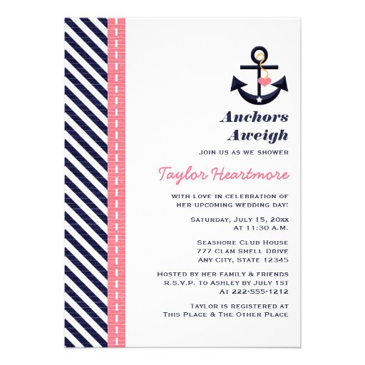 Pink Navy Blue Nautical Bridal Shower Invitations (front side)