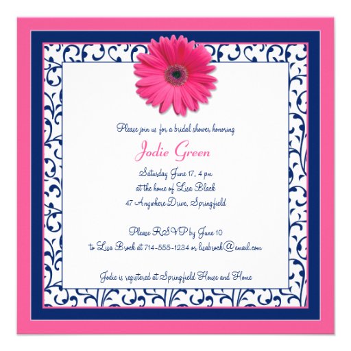 Pink Navy Gerbera Daisy Bridal Shower Invitation