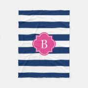 Pink & Navy Monogram Stripe | Fleece personalized Blanket