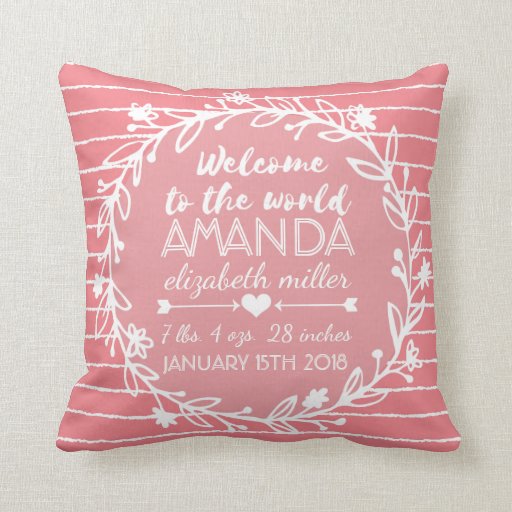 Pink Nursery Wreath Stripe Baby Girl Birth Stats Throw Pillow Zazzle