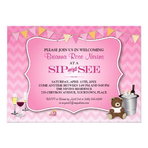 Pink Ombre Chevron Baby Sip and See Custom Invitation