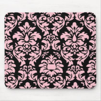 Pink On Black Damask Mousepad