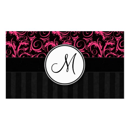 Pink on Black Floral Wisps, Stripes with Monogram Business Card Template (back side)