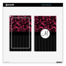 Pink on Black Floral Wisps, Stripes with Monogram Kindle Fire Decal