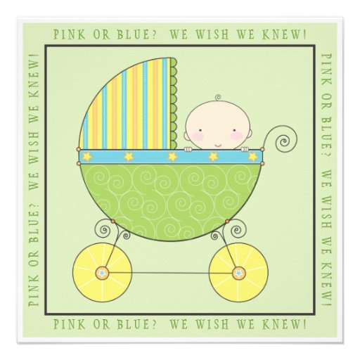 Pink or Blue? Baby in Carriage Neutral Baby Shower Custom Invitations (front side)