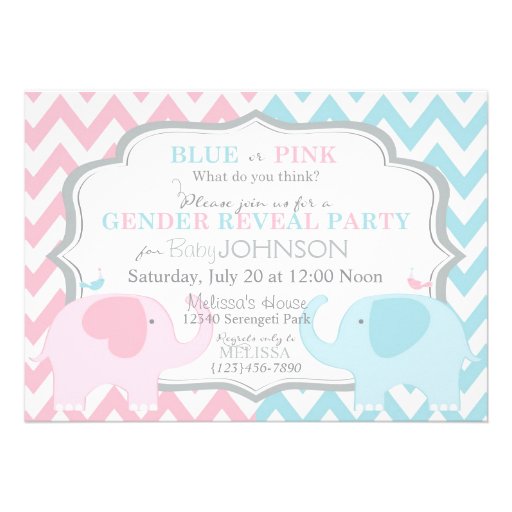 Pink or Blue Elephants & Chevron Gender Reveal Custom Invitation