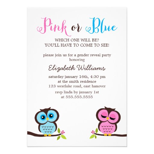 Pink or Blue? Owls Gender Reveal Party Personalized Invite (front side)