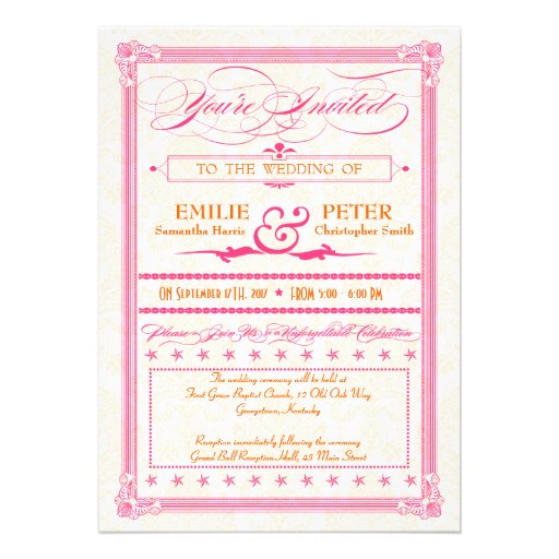 Pink & Orange Damask Poster Wedding & RSVP Invite