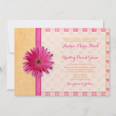This text on this fun pink and orange gerbera daisy wedding invitation is 